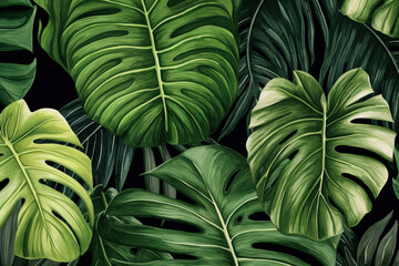 Canvas Print - Botanical illustration. Tropical seamless pattern. Rainforest, jungle. Palm leaves, monstera, colocasia, banana. Hand drawing for design of fabric, paper, wallpaper, notebook covers