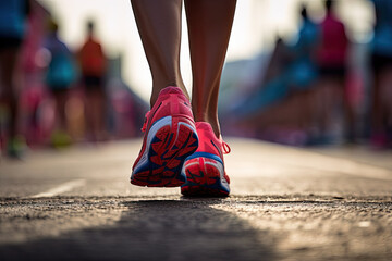 Rear view of woman runner leg on marathon.