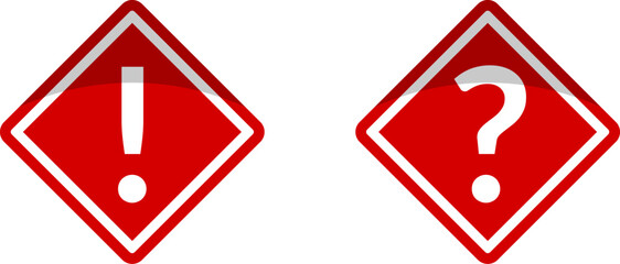 Wall Mural - Red Attention Danger or Hazard Question Problem Warning Sign with Exclamation Mark and Question Mark in Diamond Shaped Frame Label Icon Set with Shiny 3D Effect. Vector Image.