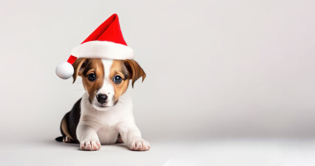 Wall Mural - one Jack Russell in a New Year's red santa hat on a white plain background