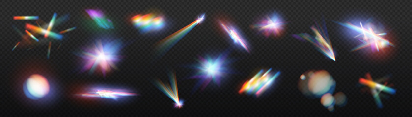 Iridescent crystal leak glare reflection effect. Optical rainbow lights, glare, leak, streak overlay. falling confetti. Vector colorful vector lenses and light flares with transparent effects.