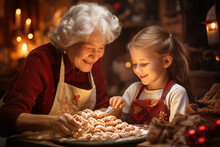 Grandmother is baking christmas cookies with child, winter holiday, homemade gingerbread, family time, generative AI