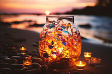Magical Jar Or Glass With Sparkling Fairy Light Standing On A Beach At Sunset, Romatic Peaceful Evening, Glowing Fireflies, Lifestyle