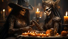 Halloween Holiday, A Man In A Scary Horror Mask Against The Background Of Pumpkins And Candles In The Castle. Made In AI
