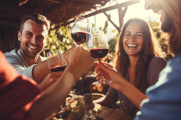 A group of young people celebrate and drink wine at sunset in nature.