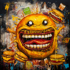 Illustration of the monster happy smiling eats food on the table.