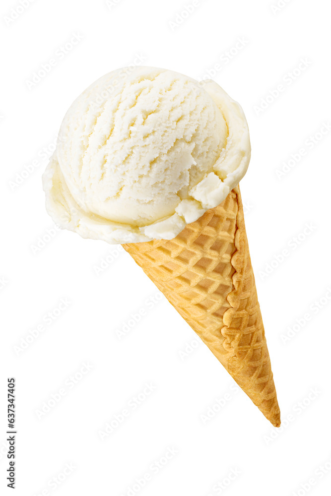 Vanilla ice cream in a crispy waffle sugar cone or cup isolated ...