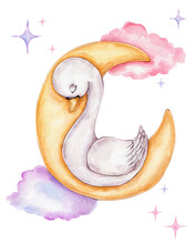 Watercolor Swan Sleeping On Yellow Moon; Hand Drawn Illustration