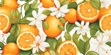Orange Vintage Background, Pattern. Vector Illustrations Of Oranges With Flowers, Leaves For Poster, Card Or Textile. Modern Seamless Pattern. Fashionable Template For Design Or Wedding Invitations