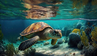 Wall Mural - turtle with Colorful tropical fish and animal sea life in the coral reef, animals of the underwater sea world, Generative AI