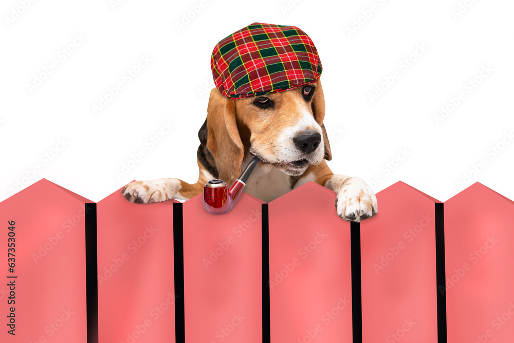 funny smart face of a beagle dog with a smoking pipe in his mouth watches  with interest from behind the fence Stock Photo