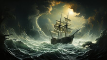 A Tumultuous Storm Rages Around A Majestic Ship, Its Tall Masts And Billowing Sails Standing Defiantly Against The Wild Power Of The Sea