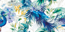 Luxurious Peacock, Plants And Flowers. Vector Vintage Modern Seamless Pattern Of Tropical Palm Leaves, Fern, Peacock Feather, Butterfly For Pattern, Wallpaper Or Background. Fashionable Template