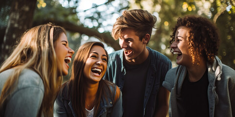 a group of young adults in their twenties burst with laughter in an outdoor setting