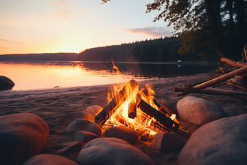 A campfire in the woods, near a lake, in the evening