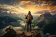 © robertuzhbt89 - man with mountain gear and camera on top of mountain fog between mountains at sunrise. Travel concept. generative ai.