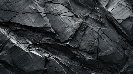 Poster - Black white rock texture on cracked layered mountain surface.