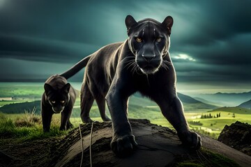 two black panther on rock generated by AI tool