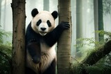 Fototapeta  - giant panda eating bamboo in the jungle generated by AI tool 