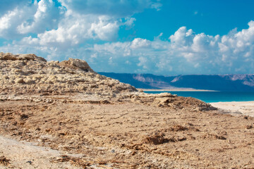 Jordan, Dead Sea coastline, salt crystals rocks, high angle view