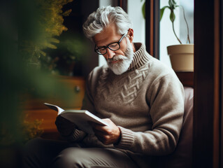 Fotografía de un hombre con suéter acogedor, leyendo un libro junto a una ventana.