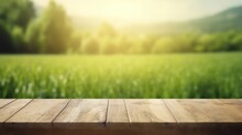 Wooden Table Top On Blurred Background Of Green Field And Blue Sky