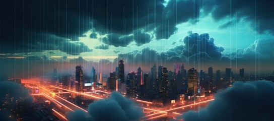 Wall Mural - Night cityscape with road and clouds.