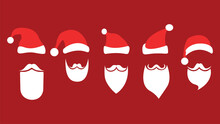 Set Of Santa Claus Faces With Beards And Hats. Isolated On Red Background. Christmas And New Year Concept. Vector
