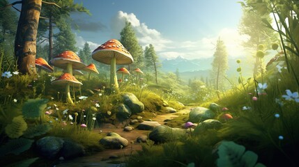 mushrooms in idyllic summer mixed forest