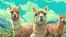 Fluffy Alpacas In A Green Meadow . Fantasy Concept , Illustration Painting.