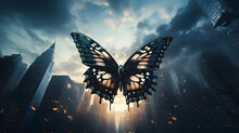 A Butterfly Flies Alone In A Big City Without People