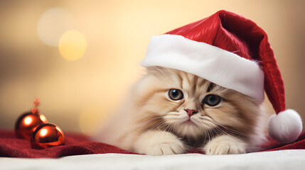 Wall Mural - Cat with christmas hat. Merry Christmas and happy New year banner.