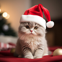 Wall Mural - Cat with santa hat. Ai generation. Christmas background.