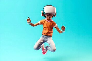 Wall Mural - Cartoon virtual schoolboy avatar of a black boy jumping with a virtual helmet headset