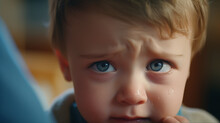 Cute Innocent Baby Cries In An Empathetic Way, With His Lovely Blue Eyes Filled With Cute Tears