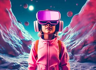 Poster - School-age girl in VR headset and headphones in the virtual space and metaverse