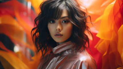 Wall Mural - Stylish portrait of an asian gorgeous girl , high key , seventies psychedelic dreamscape style