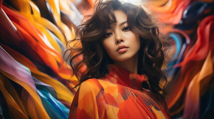 Stylish portrait of an asian gorgeous girl , high key , seventies psychedelic dreamscape style