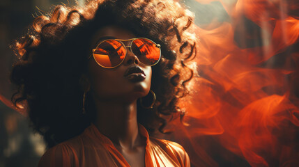 Stylish portrait of a black african american gorgeous girl , high key , seventies psychedelic dreamscape style