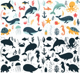 Fototapeta Pokój dzieciecy - set of sea inhabitants, whale, fish, octopus, turtle in flat style vector