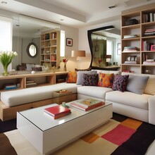 Living Room A Multi-purpose Coffee Table With Built-in Storage, Surrounded By A Sectional Sofa With A Pull-out Bed For Guests. Wall-mounted Shelves That Maximize Vertical Space For Books And Decora