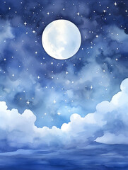 watercolor moon night, blue sky and clouds, dark forest