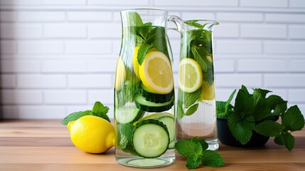 Sticker - Lemon cucumber and mint detox water on a white background