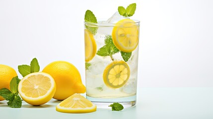 Wall Mural - Lemonade with lemon slices and ice cubes in a glass