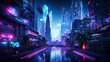 Futuristic cyberpunk city scene with purple neon lights, palm trees, street art, illustration