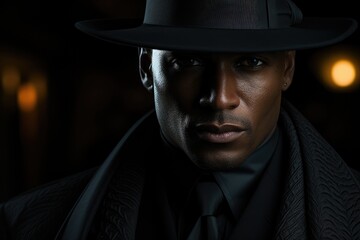 Portrait of a gangster in black hat standing on a city street at night 