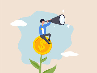 Wall Mural - Growing wealth concept. Investment or saving growth, financial and banking forecast, earning profit or grow income or mutual fund return, man look through telescope on plant with money coin flower.