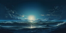 Moonlight In Ocean Landscape Bright Full Moon, Night Ocean Landscape Full Moon And Stars Shine, Blue Moon Ocean Waves Stock, Generative Ai

 