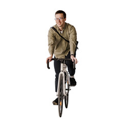 The courier is a man walking on a bicycle, a happy man training for cardio.  Transparent background, png.