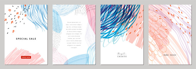 Universal abstract art templates. Suitable for poster, greeting and business card, invitation, flyer, banner, brochure, email header, post in social networks, advertising, events and page cover.
